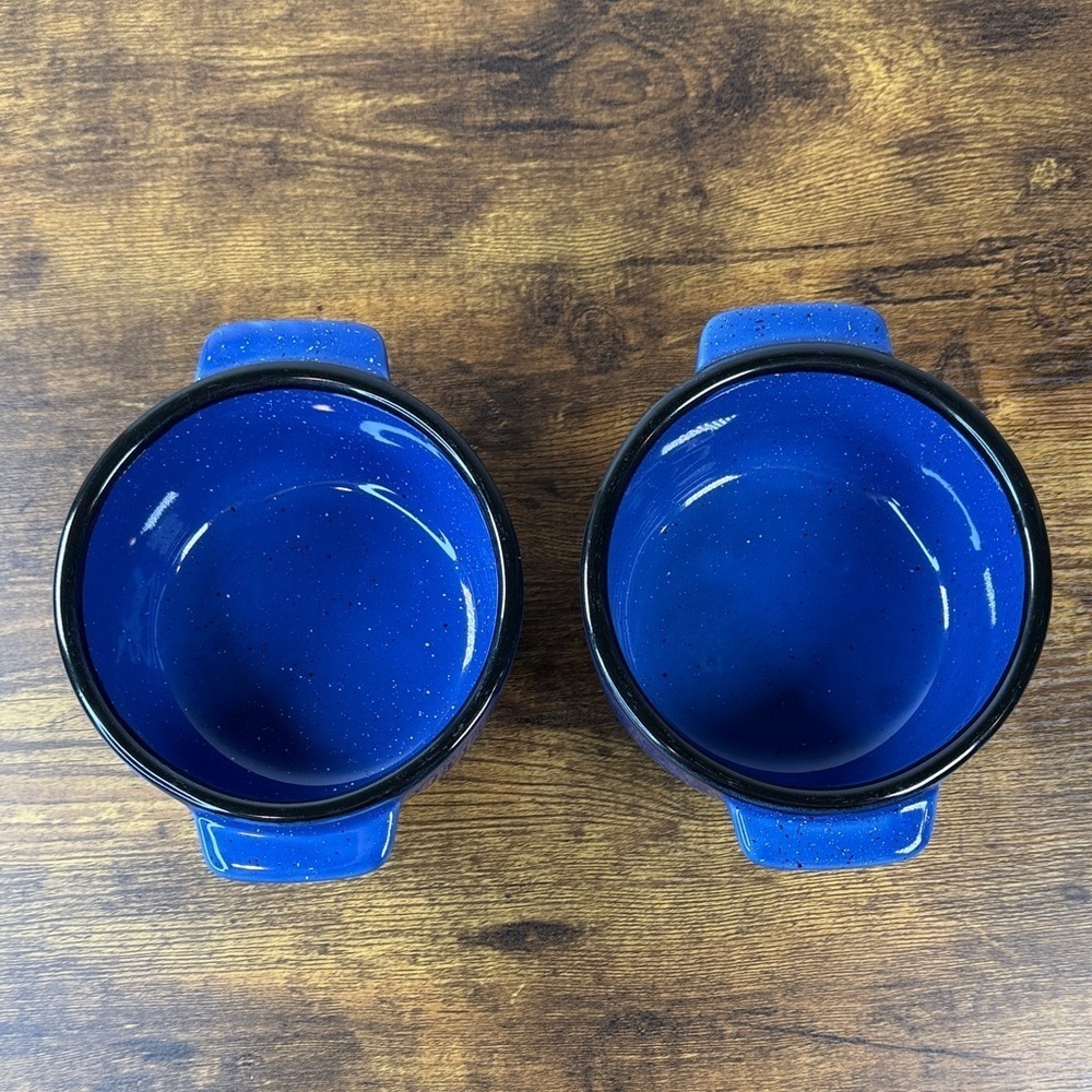 Pair of Blue Ceramic Bowls with Handles Dishwasher & Microwave Safe